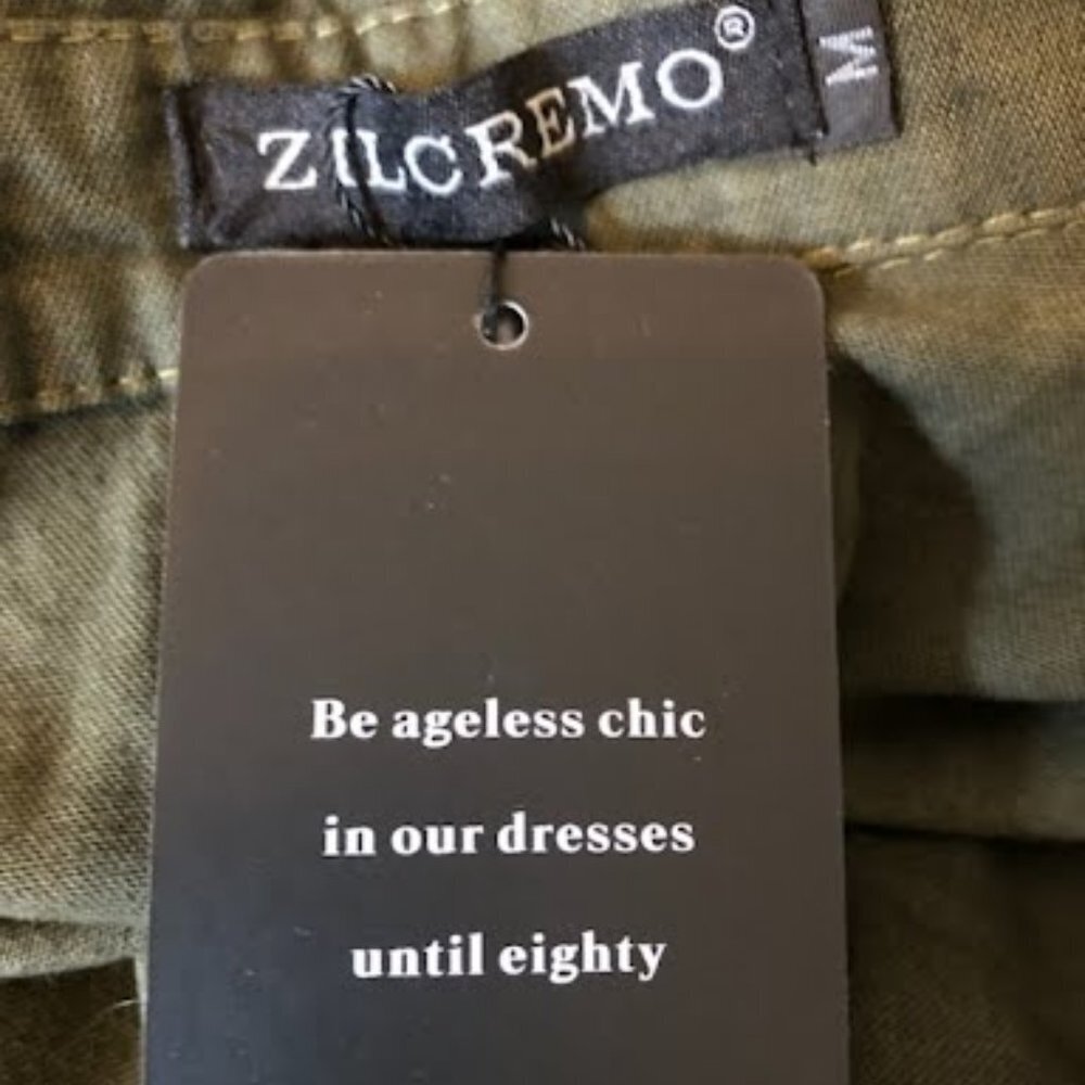 NWT ZILCREMO Frayed Edges Denim Shirt Mini Dress Long Sleeve Dark Olive M - Picture 8 of 8